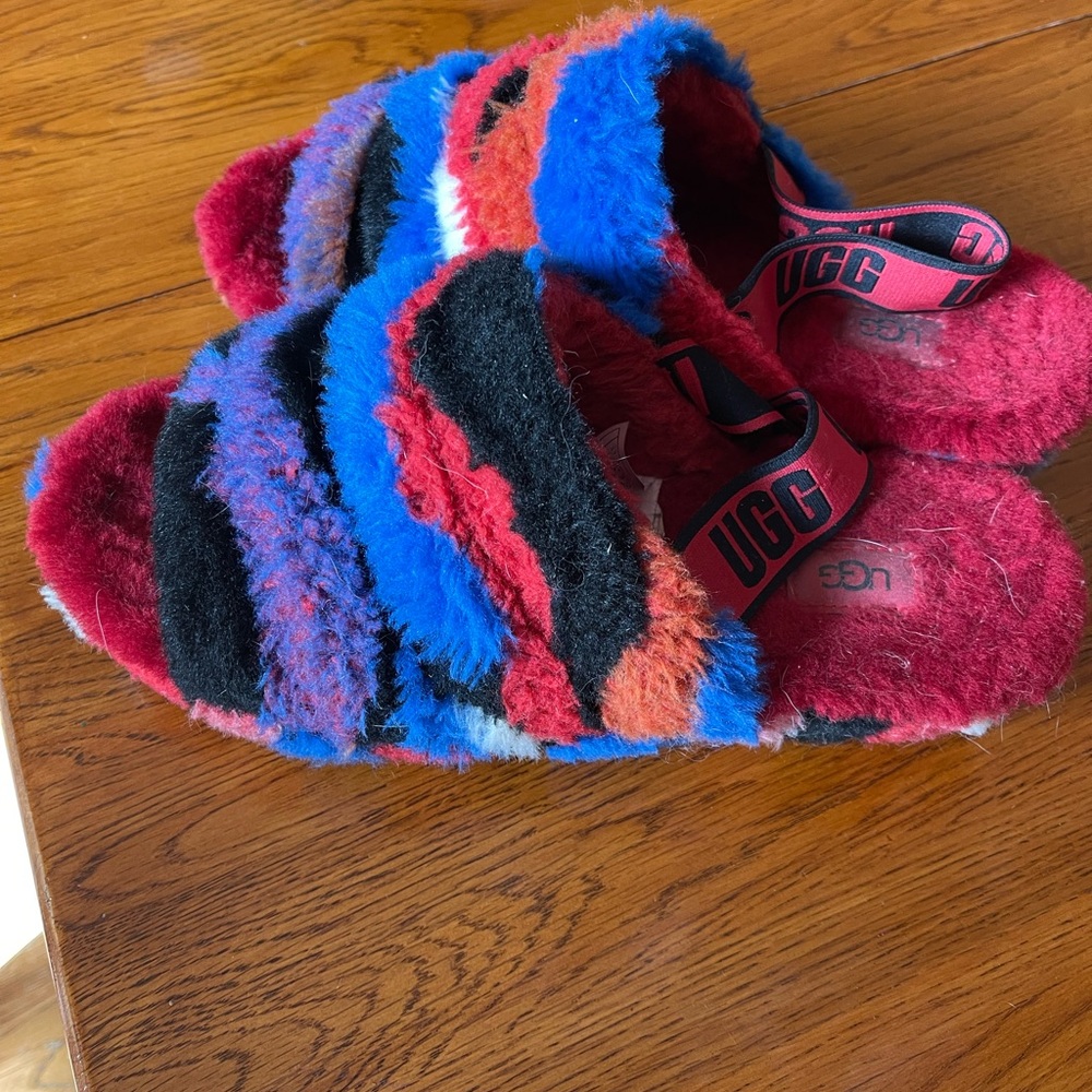 UGG Red and Blue Fluffy Slide Slippers